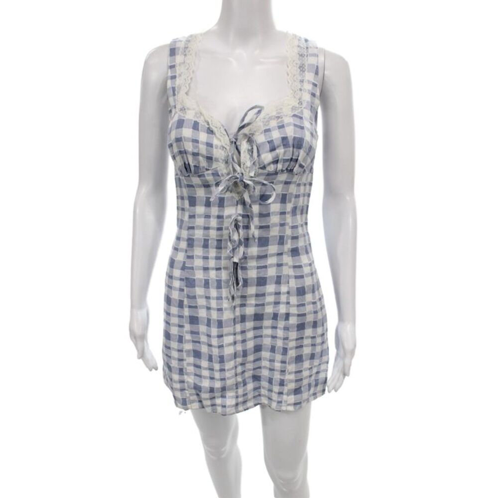 Reformation Womens Light Blue Linen Check Sundress Square Neck Lace Up Size 2